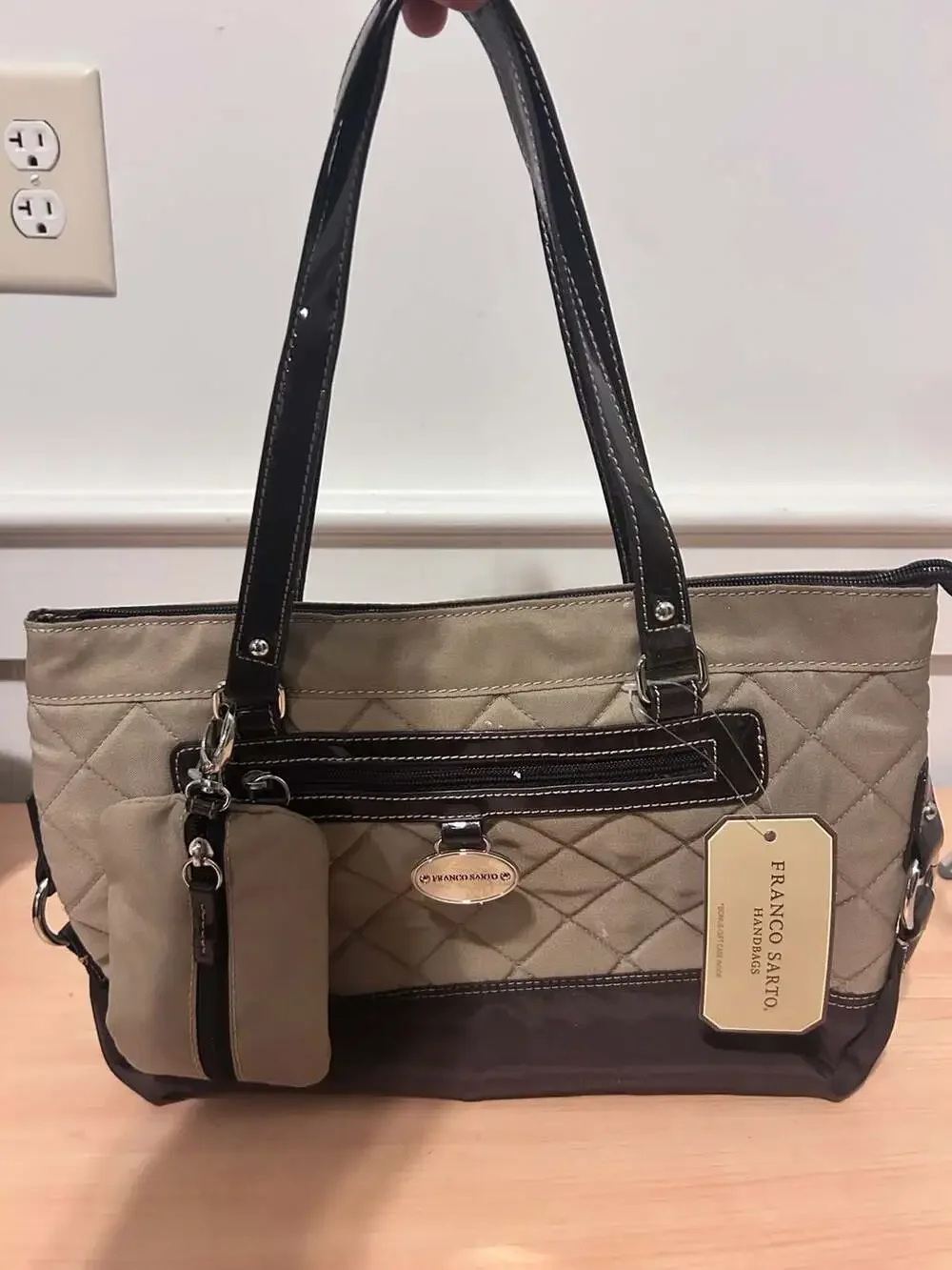Franco Sarto Verdi Quilted Khaki Tote Handbag with Bonus Gift Case